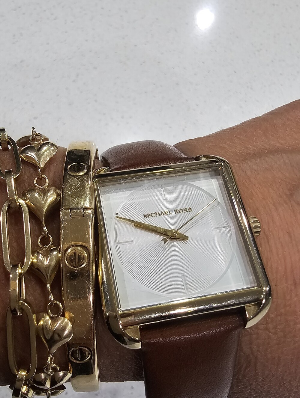 Michael Kors Square Gold Watch with Brown Leather Strap - Picture 5 of 11